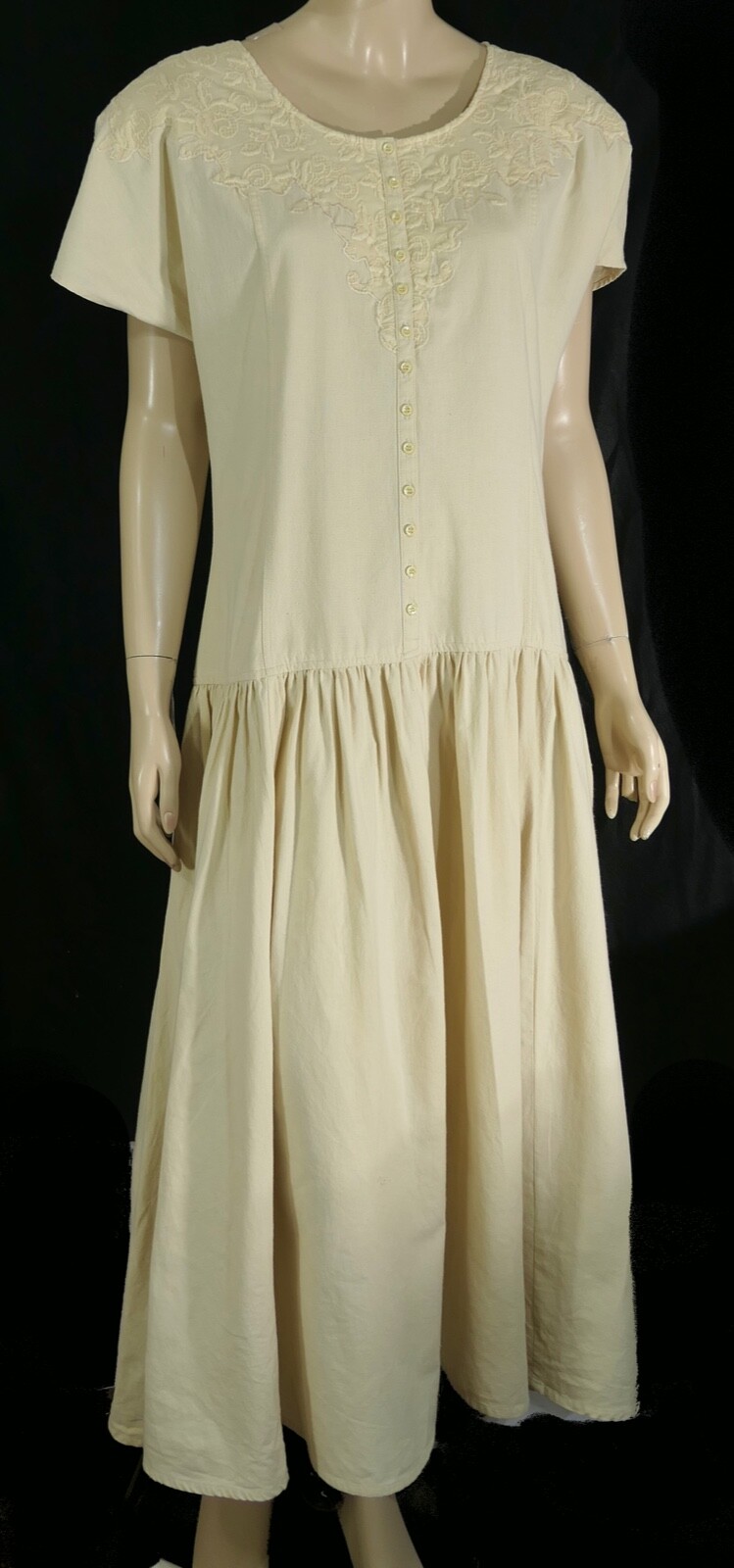 Vintage 80 90s Together Drop Waist Embroidered Dolman Midi Prairie Dress L Missy