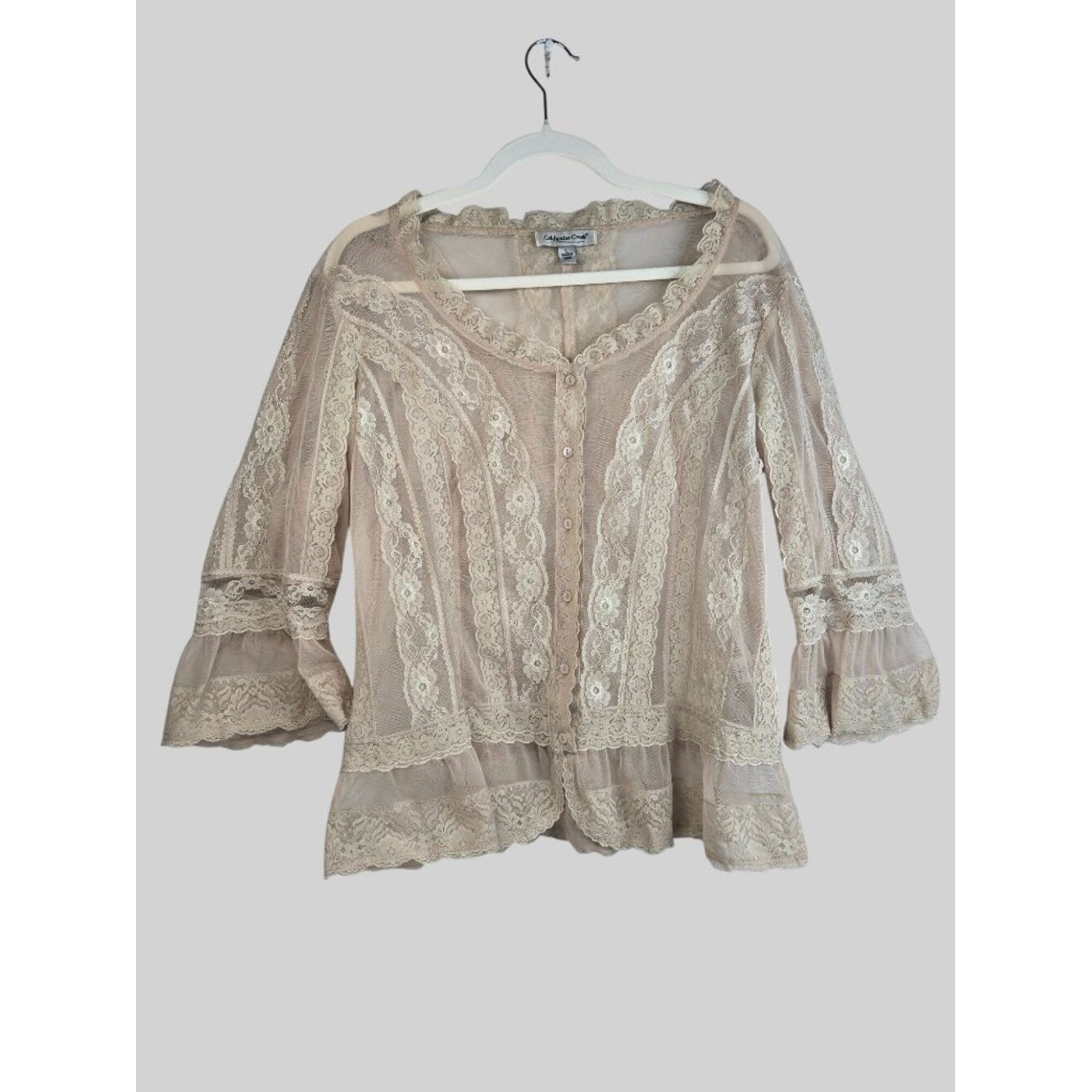 VTG Lacey Ruffle Blouse Tan Sheer Floral Lace Bell Sleeve Top Victorian Coquette