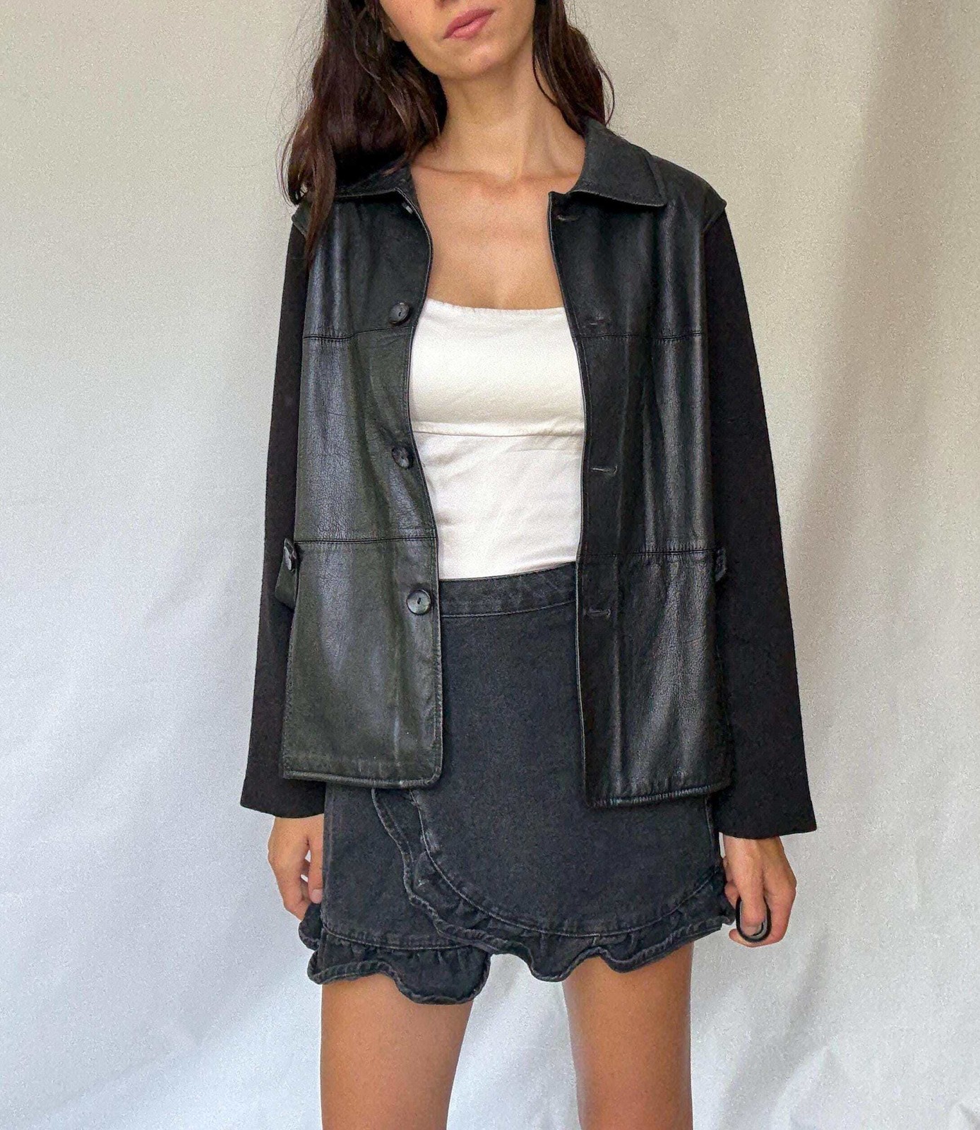 Luxury black leather and wool blend jacket, vintage minimalist style