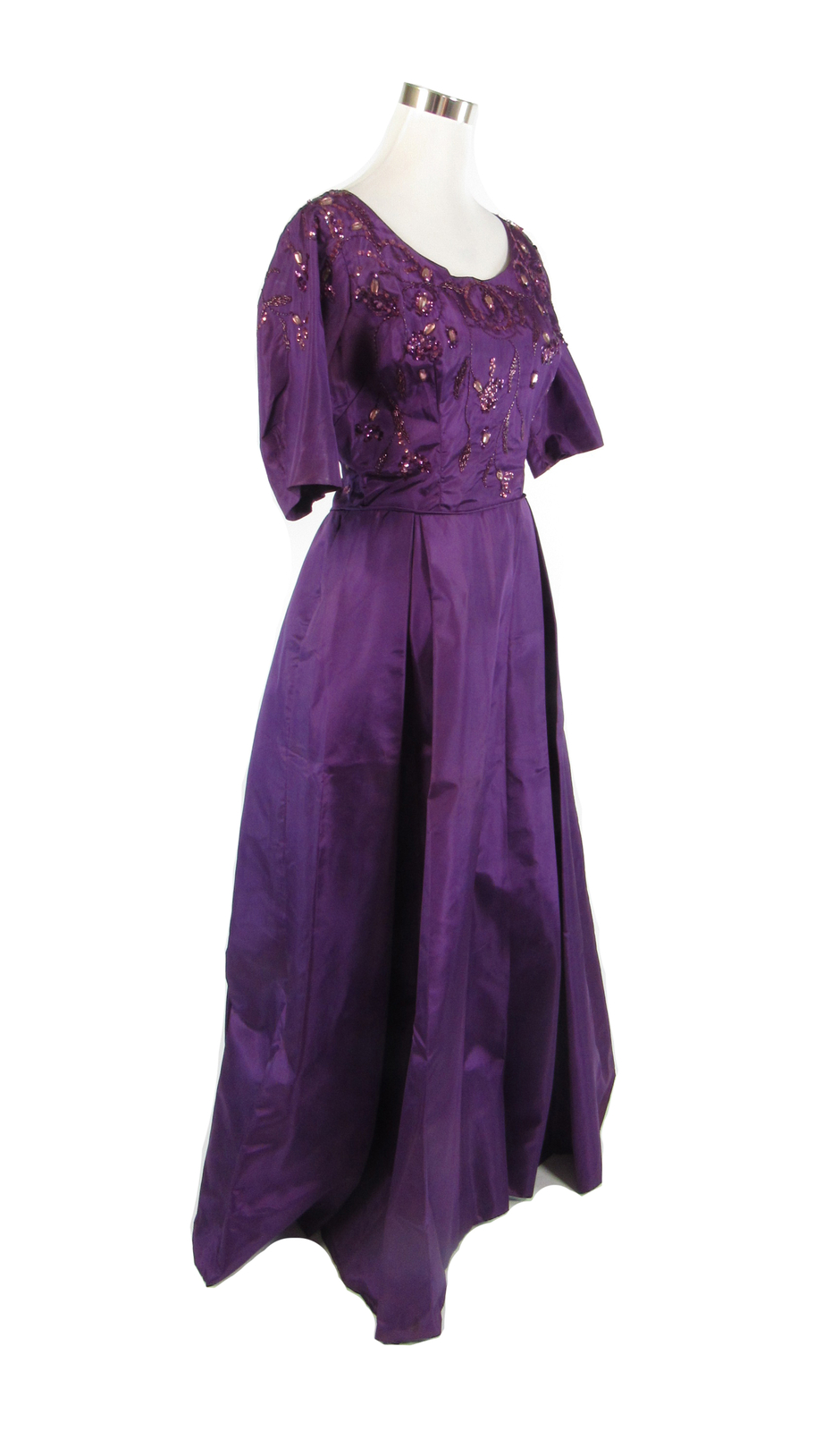 Purple silk 1/2 sleeve sequin trim beaded ball gown vintage dress S