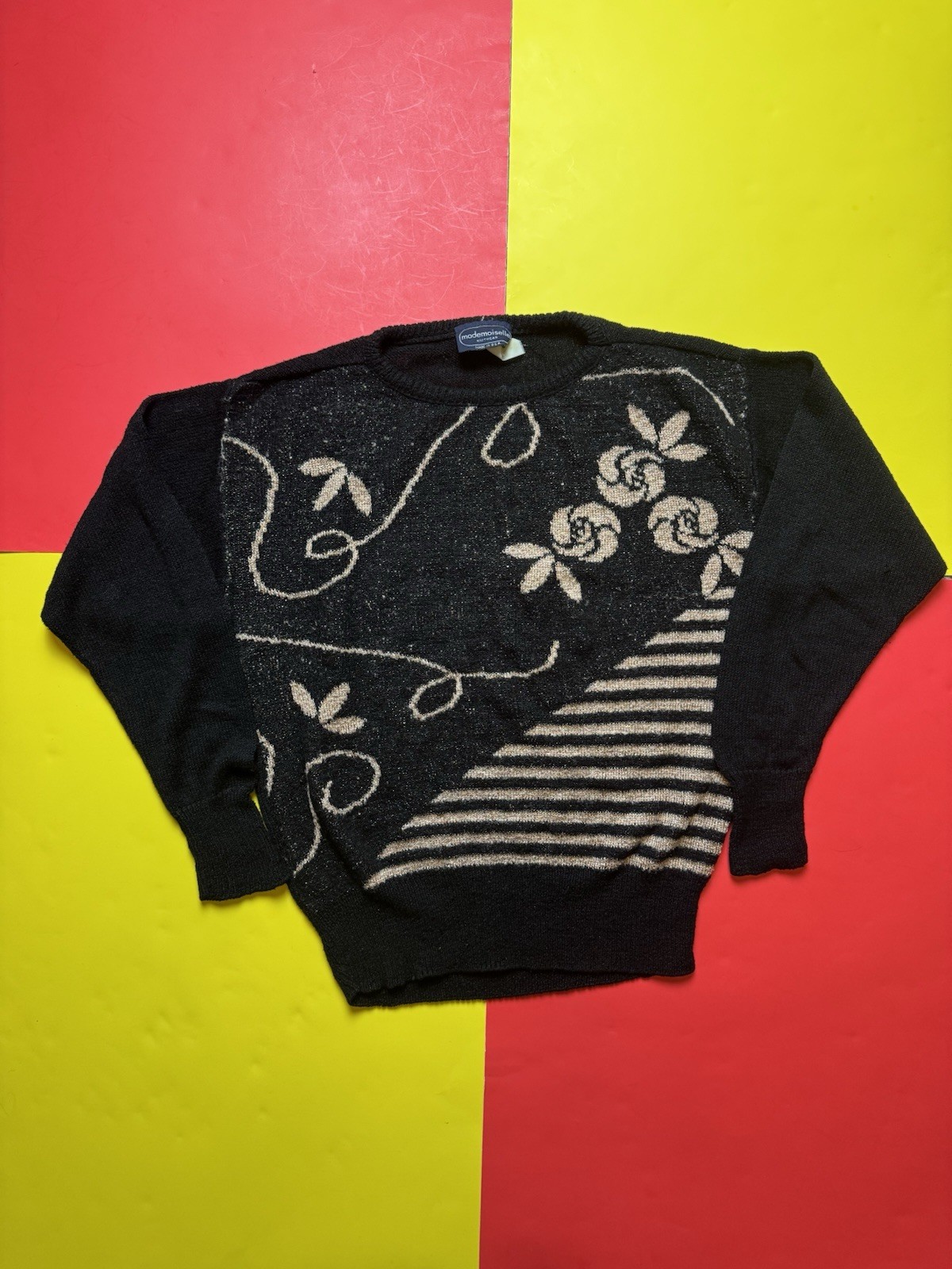 Vintage 70s Mademoiselle Floral Sweater Knitwear Black Medium Boho Flower USA
