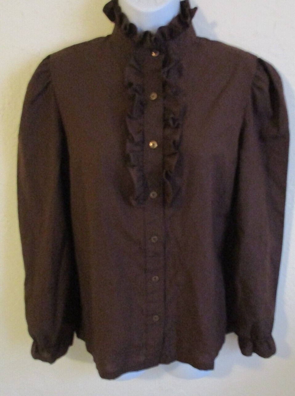 VTG Lucky Winner Blouse Size 11 / 12 Brown Ruffled High Victorian Style Neckline
