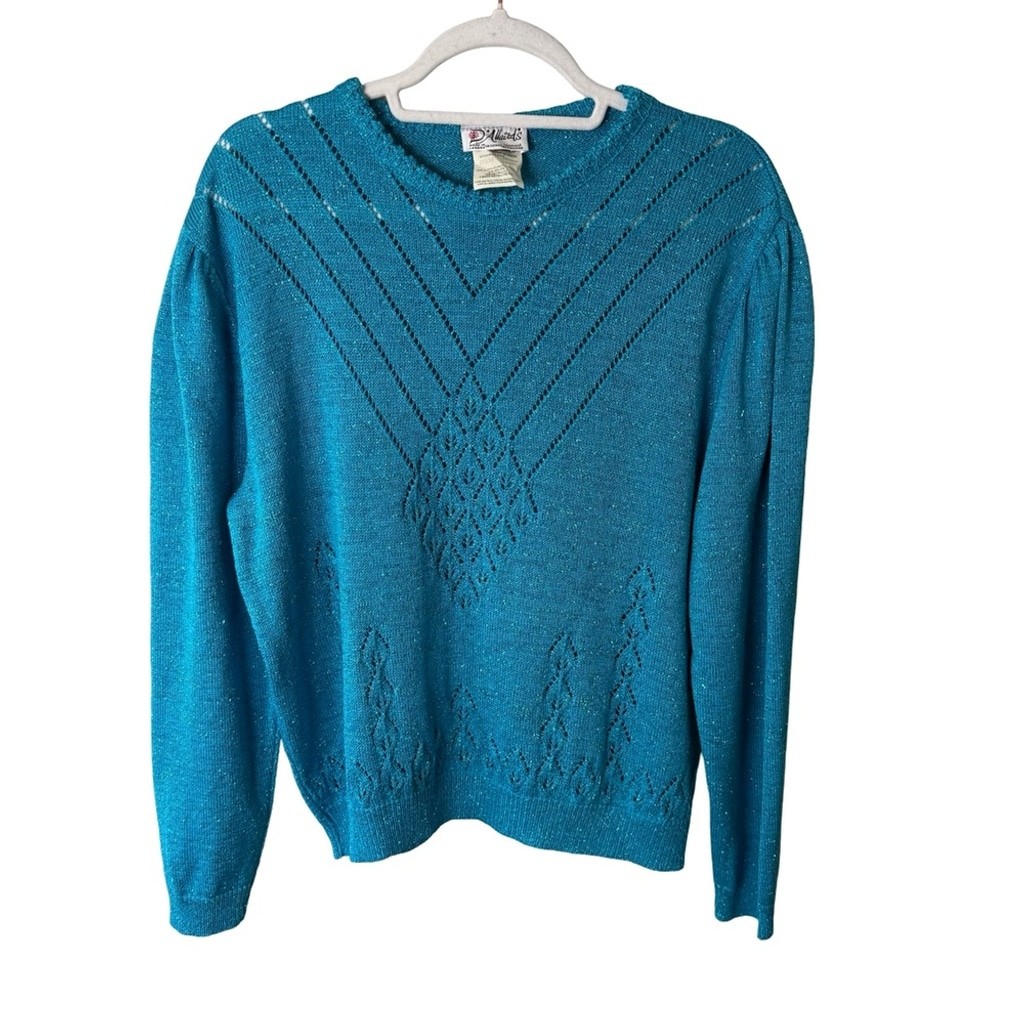 Vintage 80s D’Allairds Teal Women’s Knit Sweater Size L Glam Holiday Metallic