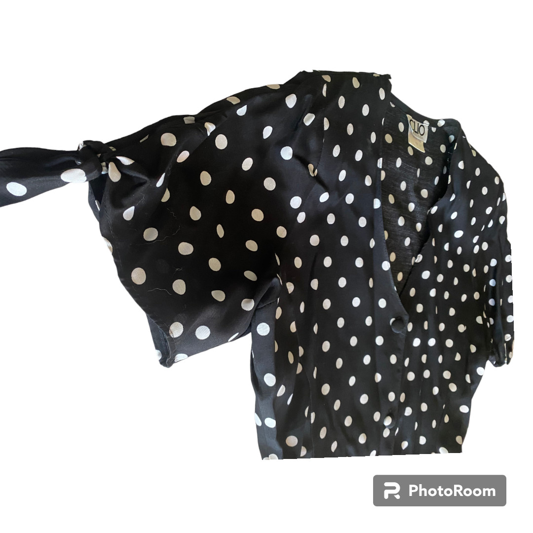 Clio Petites Vintage 80s Women’s button down black/ white Polka Dot Dress sz 8P