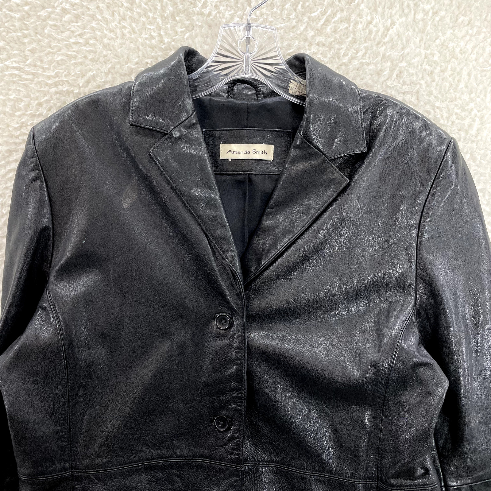 90s Y2K Vintage Black Leather Jacket Large XL 14 Womens Patent Lined Button Up