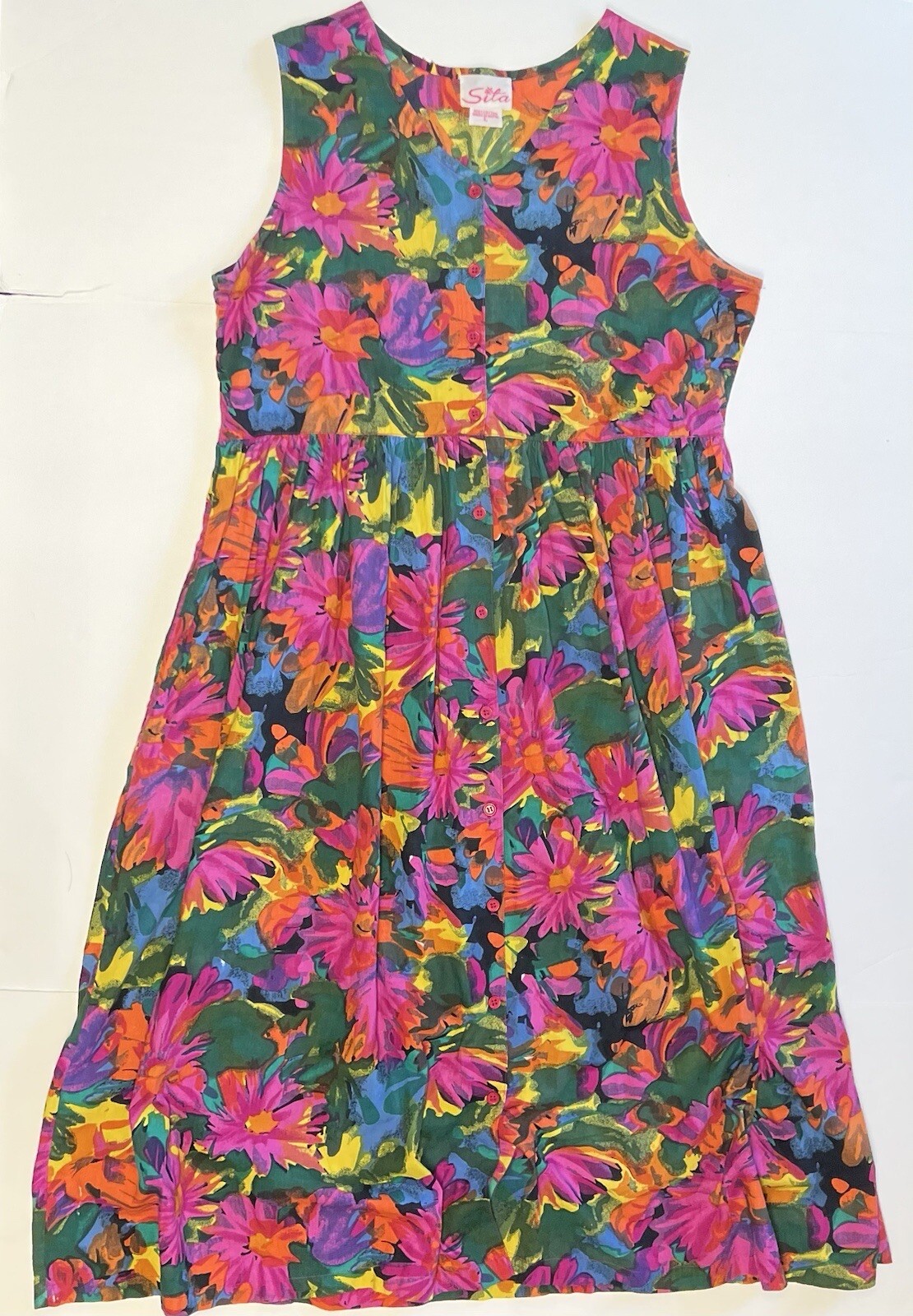 Vintage Sita Nepal Long Dress 100% Cotton Sz Large L Bright Floral Pockets VGUC