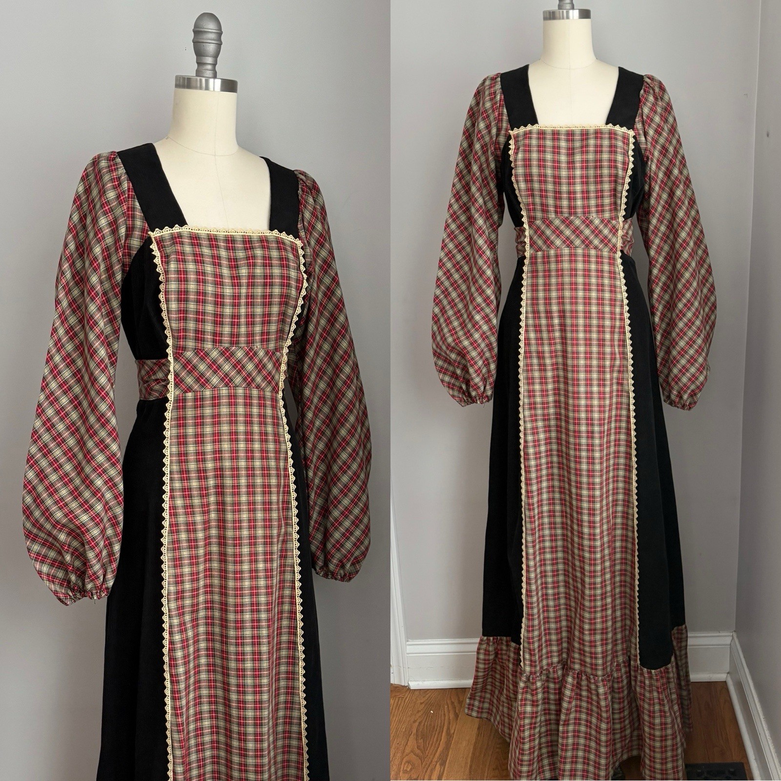Vintage 70’s Jody T California Prairie Style Plaid Corduroy Maxi Dress Size XS/S