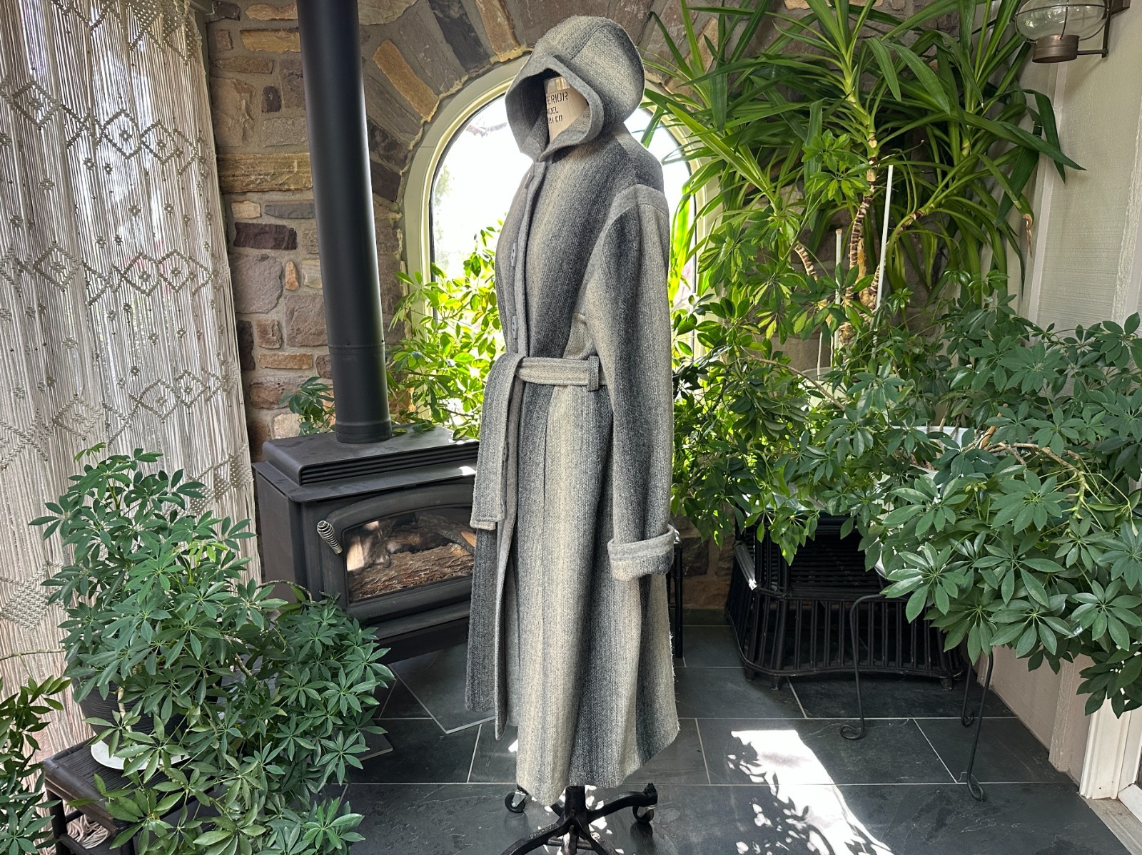 Vintage 1970s Variegated Gray Striped Wool Belted Hooded Coat Casa de Lana