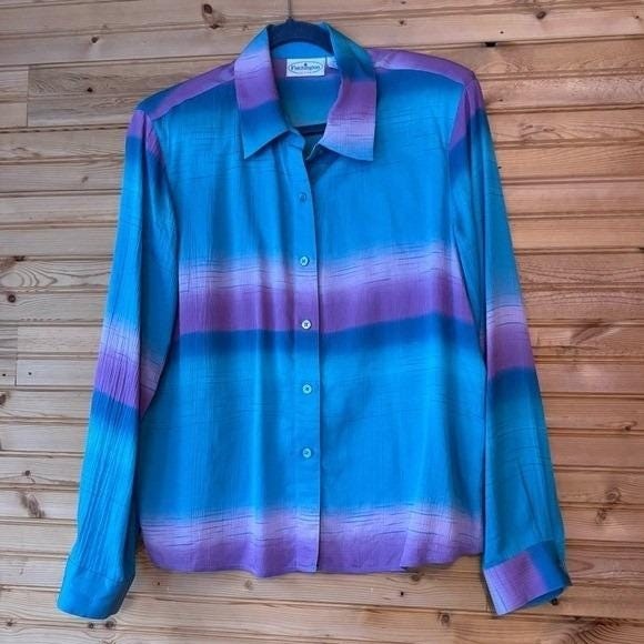 VTG 90s Patchington Blouse Silk Blue Purple Shoulder Pads Medium Petite Blanche