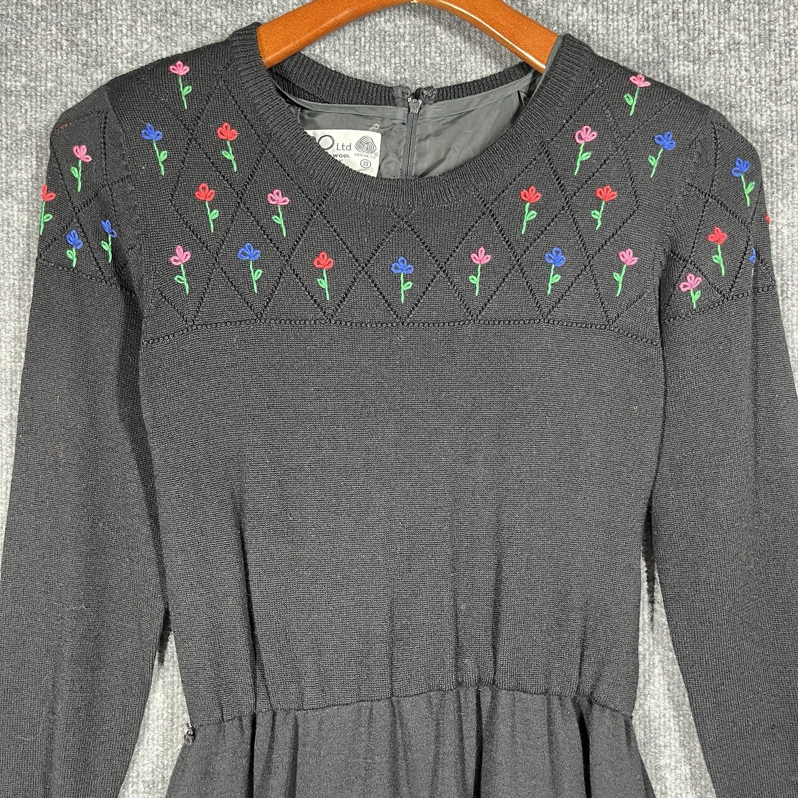 VINTAGE 80s Ciao Ltd 100% Pure Wool Sweater Dress Black Embroidered Floral Sz 8