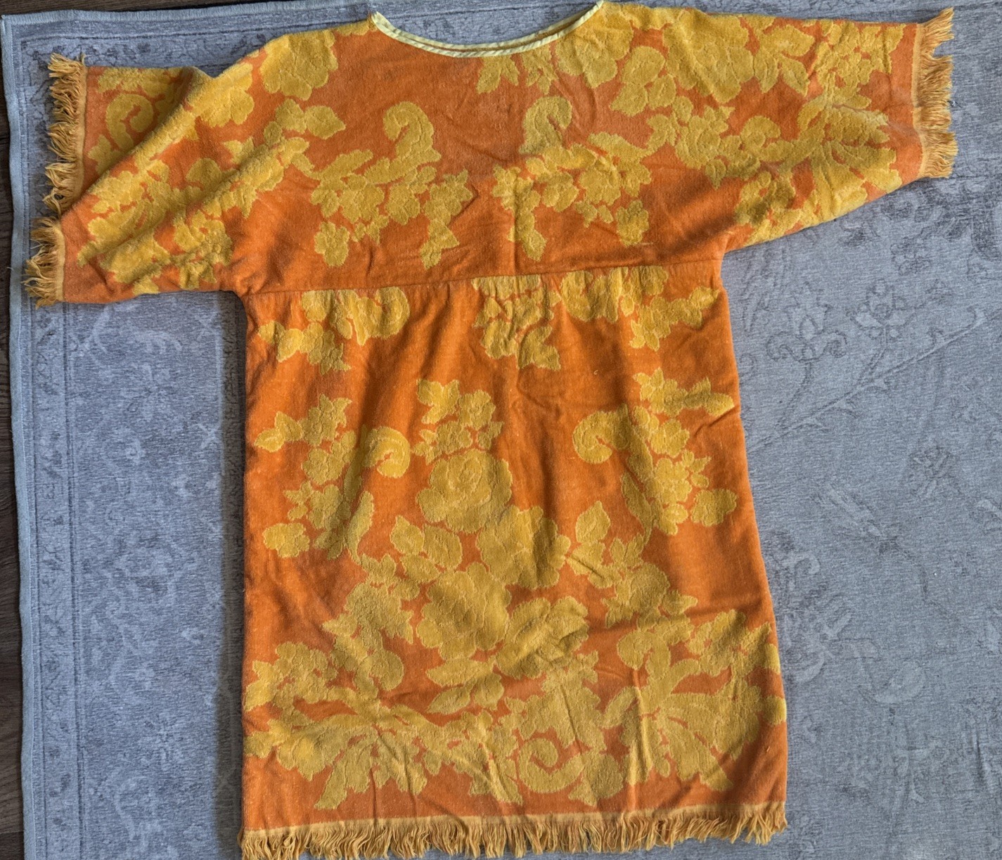 Vtg Bright Orange Cover-Up Fringe Terrycloth Towel Dress Caftan