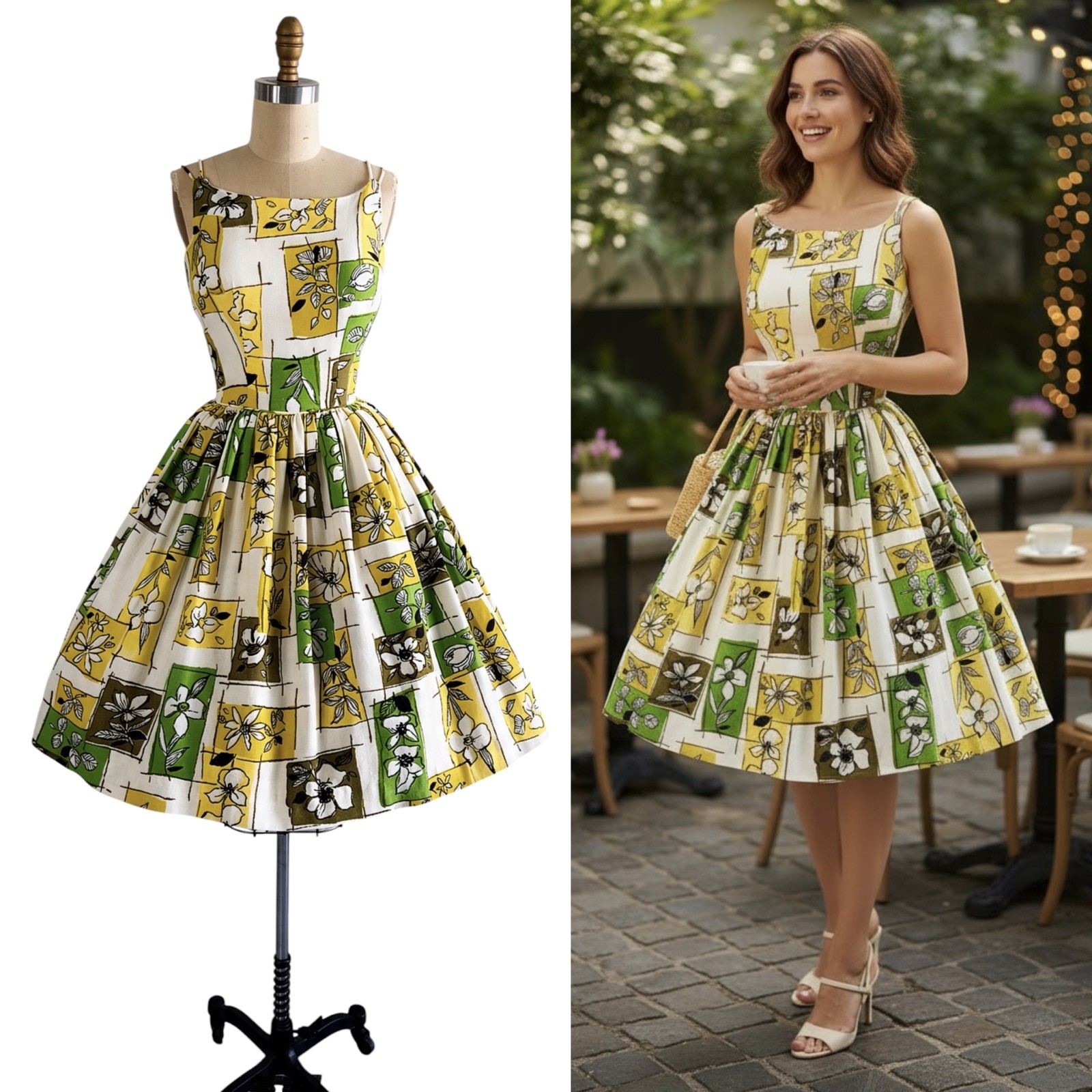 Vintage 1950s Botanical Novelty Floral Block Print Pinup Summer Dress Sundress S
