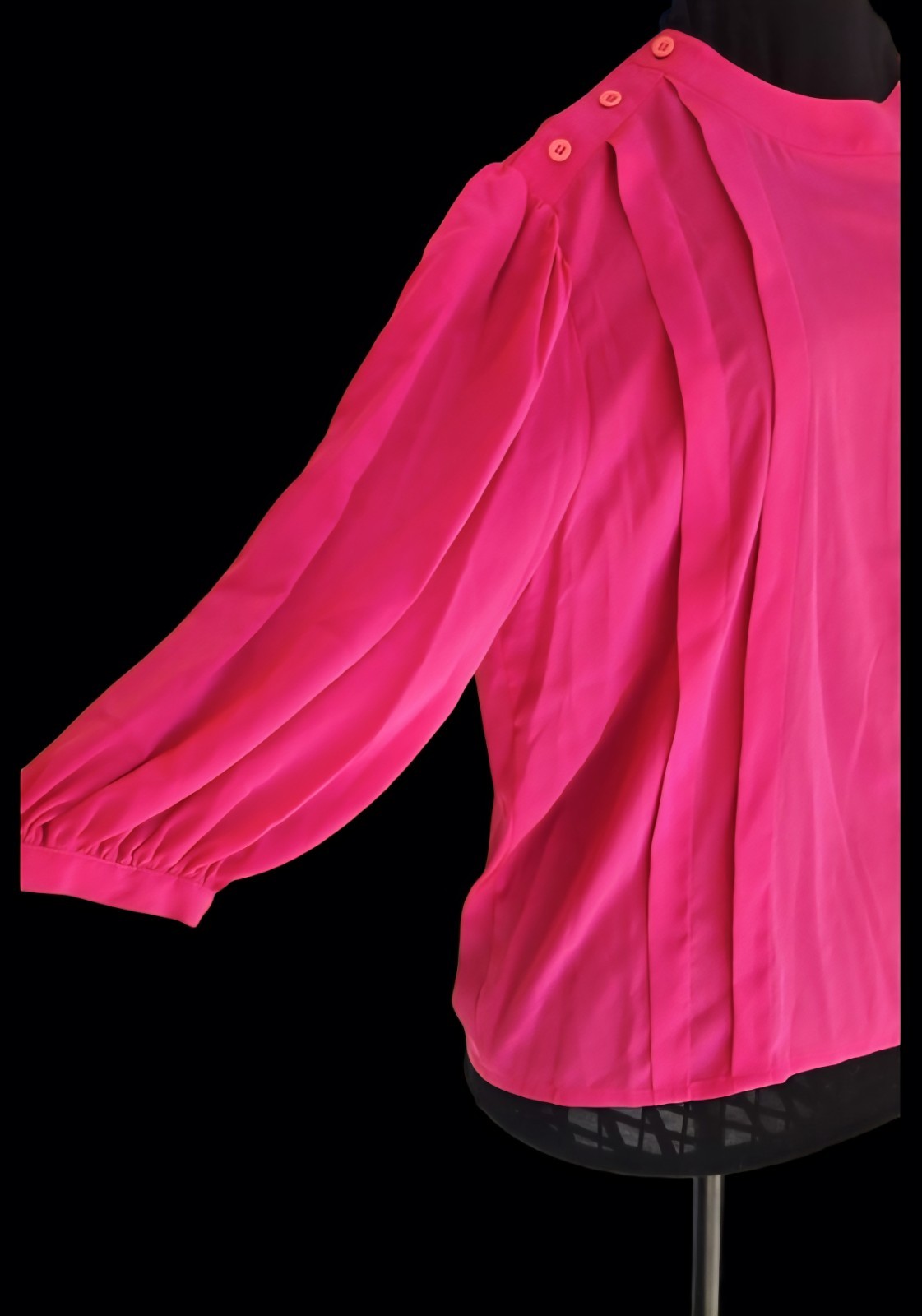 1980s CHAUS SPORT Fuchsia Front Pleated Poly Blouse w/Shoulder Button Closure 14