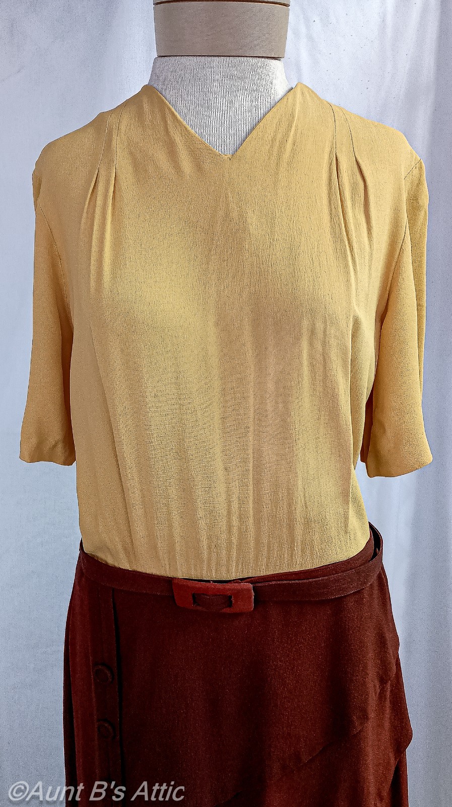 Vintage 40’s Demi Dell Originals 3Pc Br/Gold Rayon Crepe Dress Jacket & Belt LG