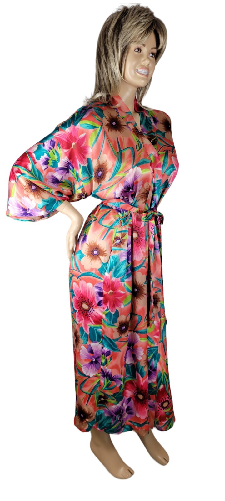Vtg Sears Just For Women Tropical Floral Satin Maxi Caftan Kimono Robe One Size