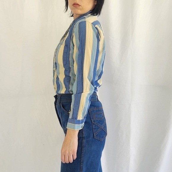 60s/70s Blue and Cream Striped Button Down