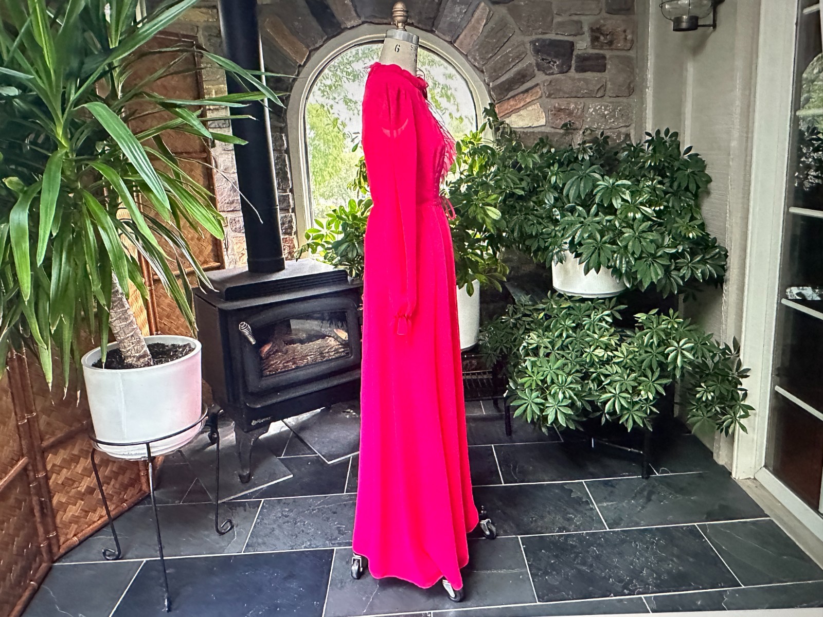 Vintage 1970s Deep Pink Chiffon Bridesmaid Dress Veil Hat House Bianchi Boston