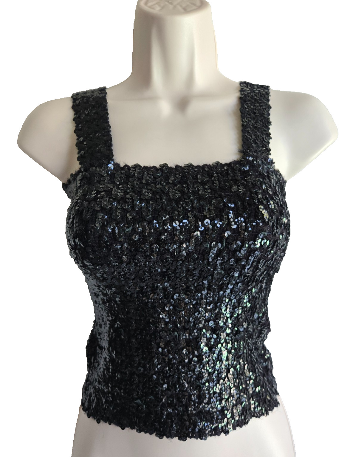 Vtg 70s Sexy Disco Glitzy Glam Black Sequin Stretch Tank Tube Top Party Club S/M