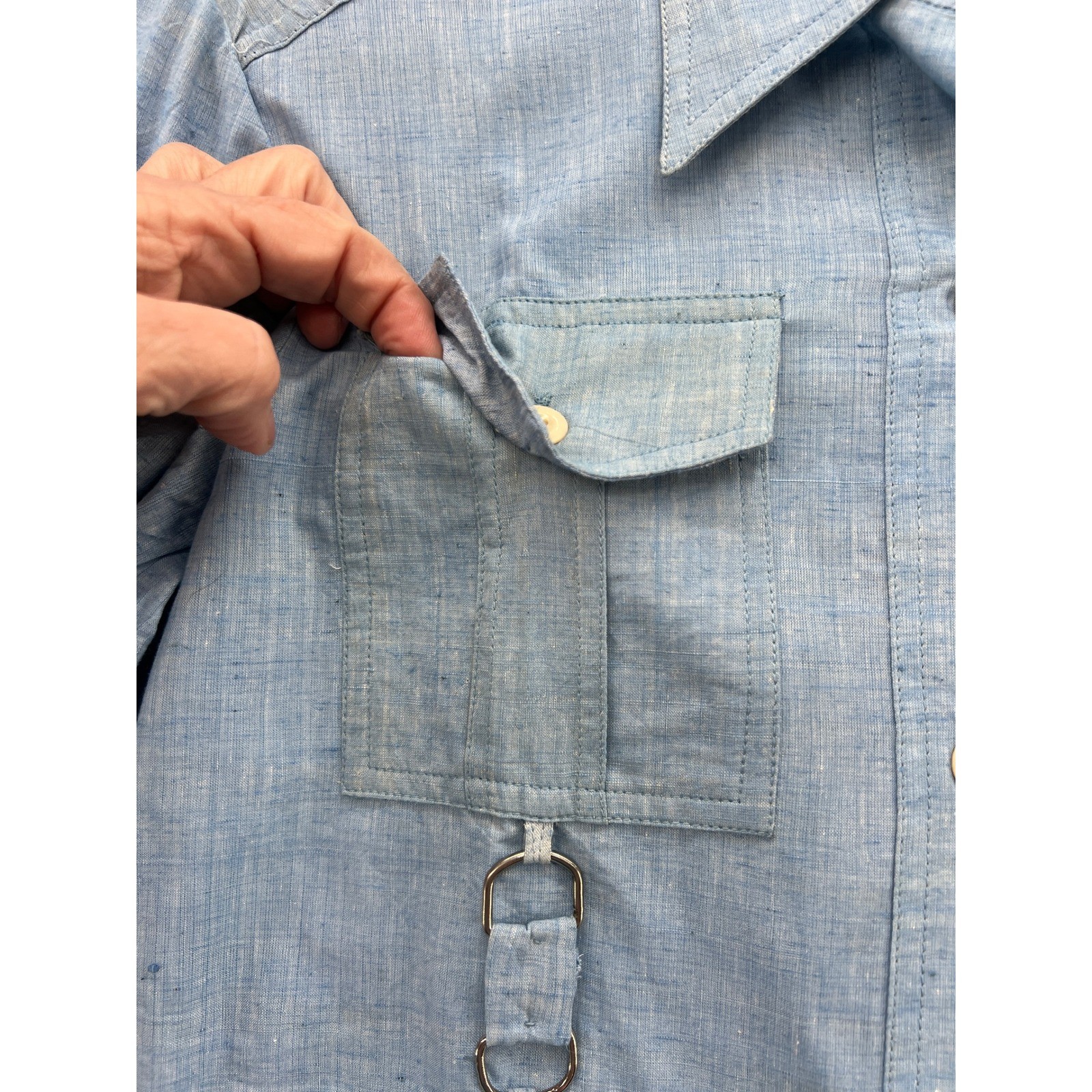 Vintage Hand Woven Cotton Safari Shirt Light Blue D-Ring Utility Jacket Size 12