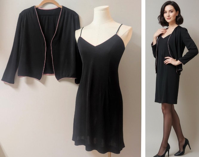 Vintage 70’s Black Mini Dress Pink Trim & Open Top Jacket XS/S 2 Piece