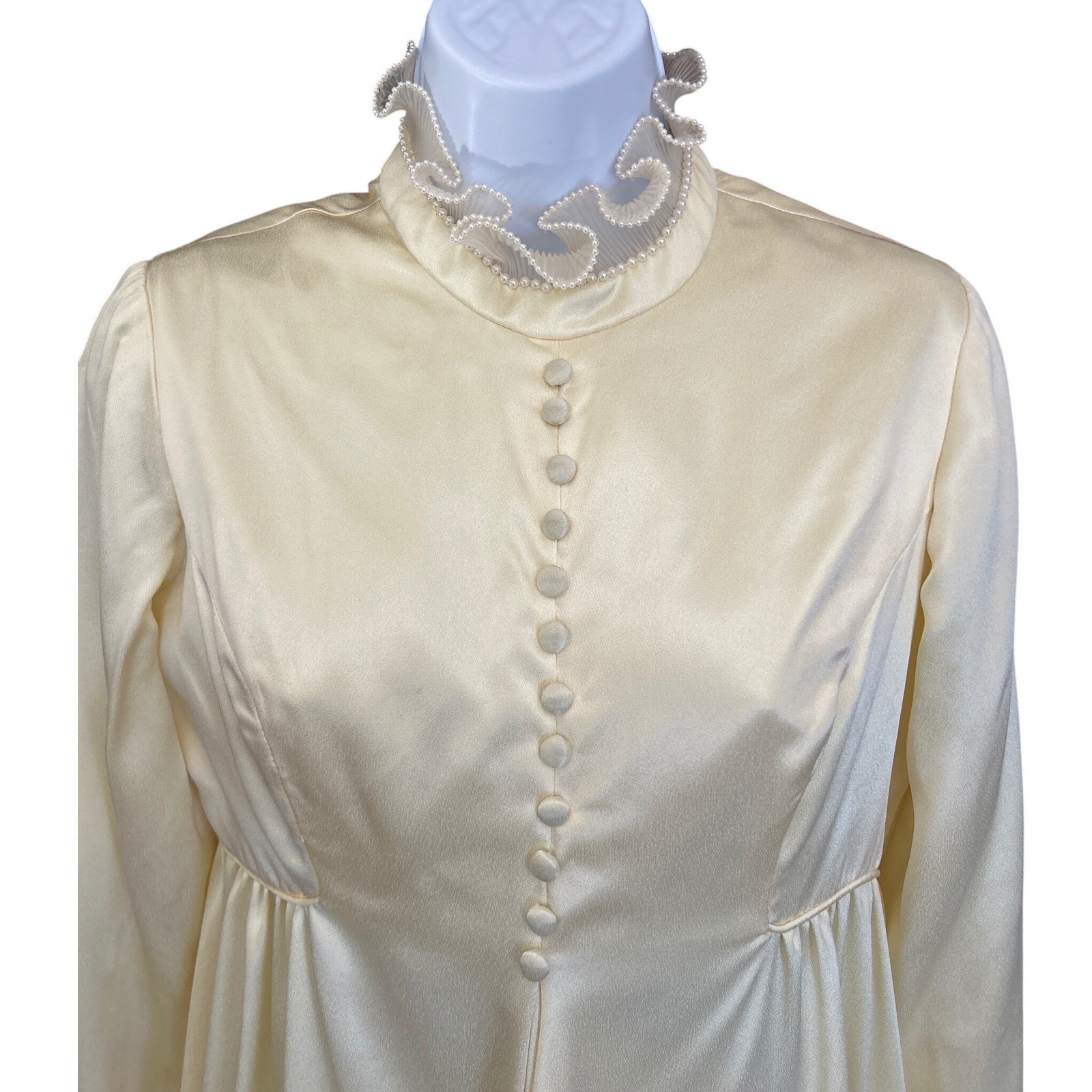 Vintage Unbranded Maxi Dress Victorian Regencycore Cream Satin Pearl Trim Gown