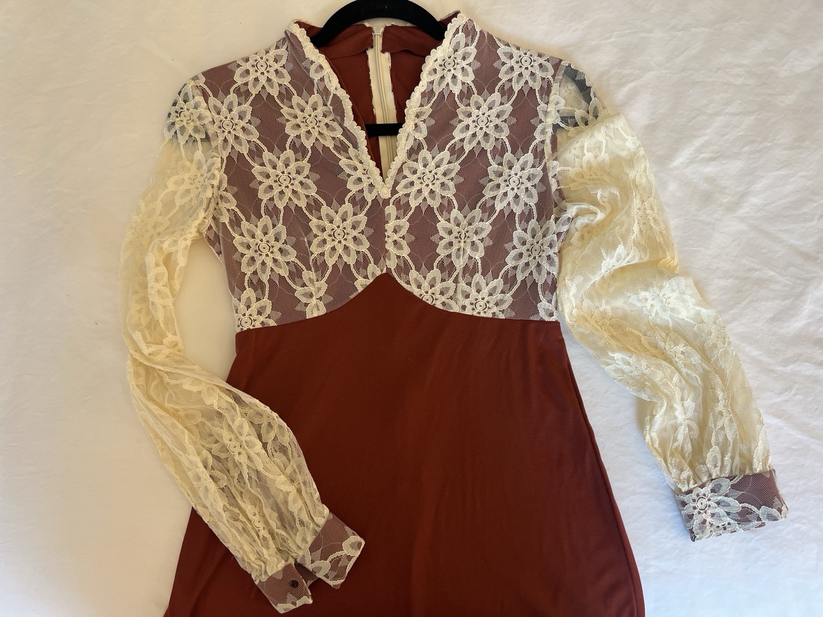 Handmade Vintage Dress 70s Cream Lace Rust Burgundy Gown Maxi Long Sleeve S/M