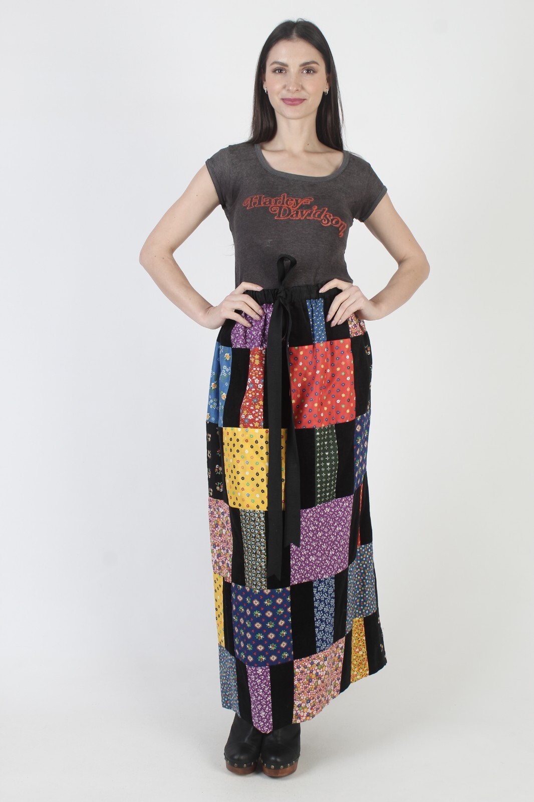 Vintage 70s Blk Mr Hank Patchwork Skirt Quilt Square Cottage Prairie Hippie Maxi