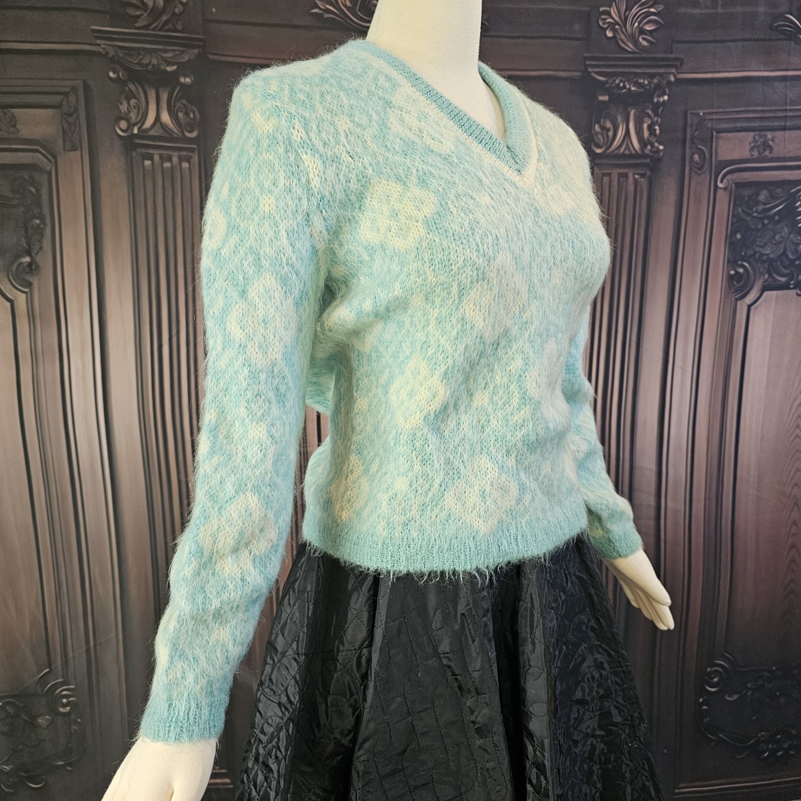 Vintage 1960s Icey Blue Mohair Sweater Wool Fuzzy V neck Rare Collectors Sabra
