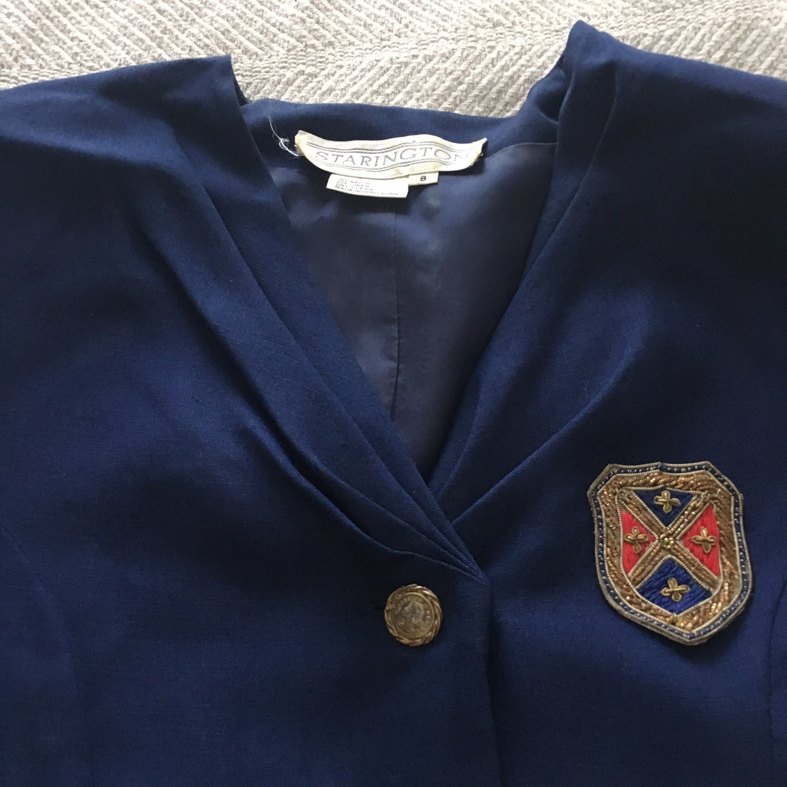 Navy Linen Dress Vintage Starington Size 8 Retro Preppy Embroidered Coat of Arms