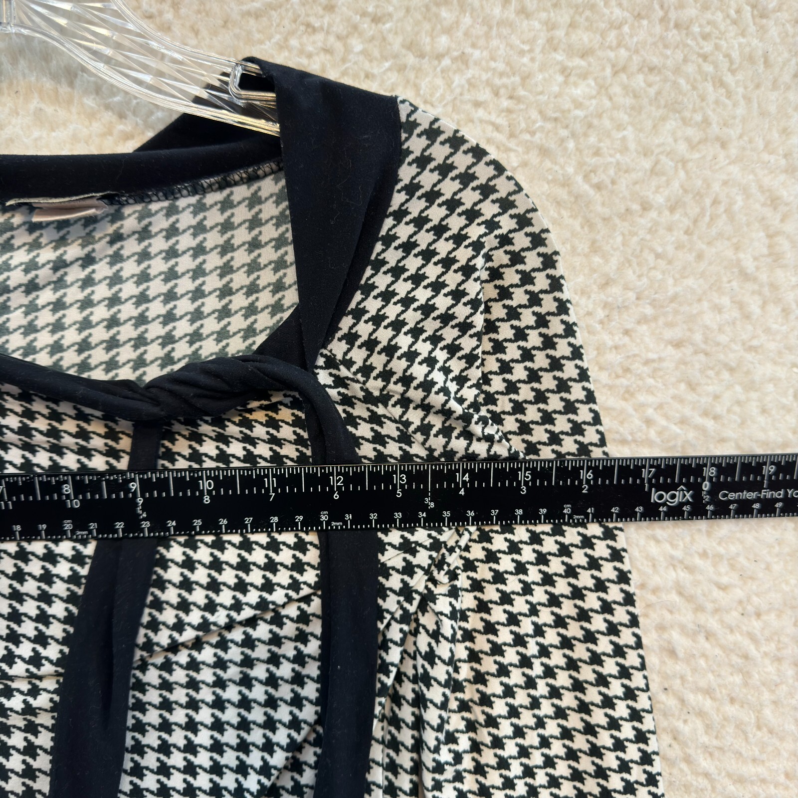 Y2K Vintatge Top S Small Black White Slinky Stretch Houndstooth Preppy Corpcore
