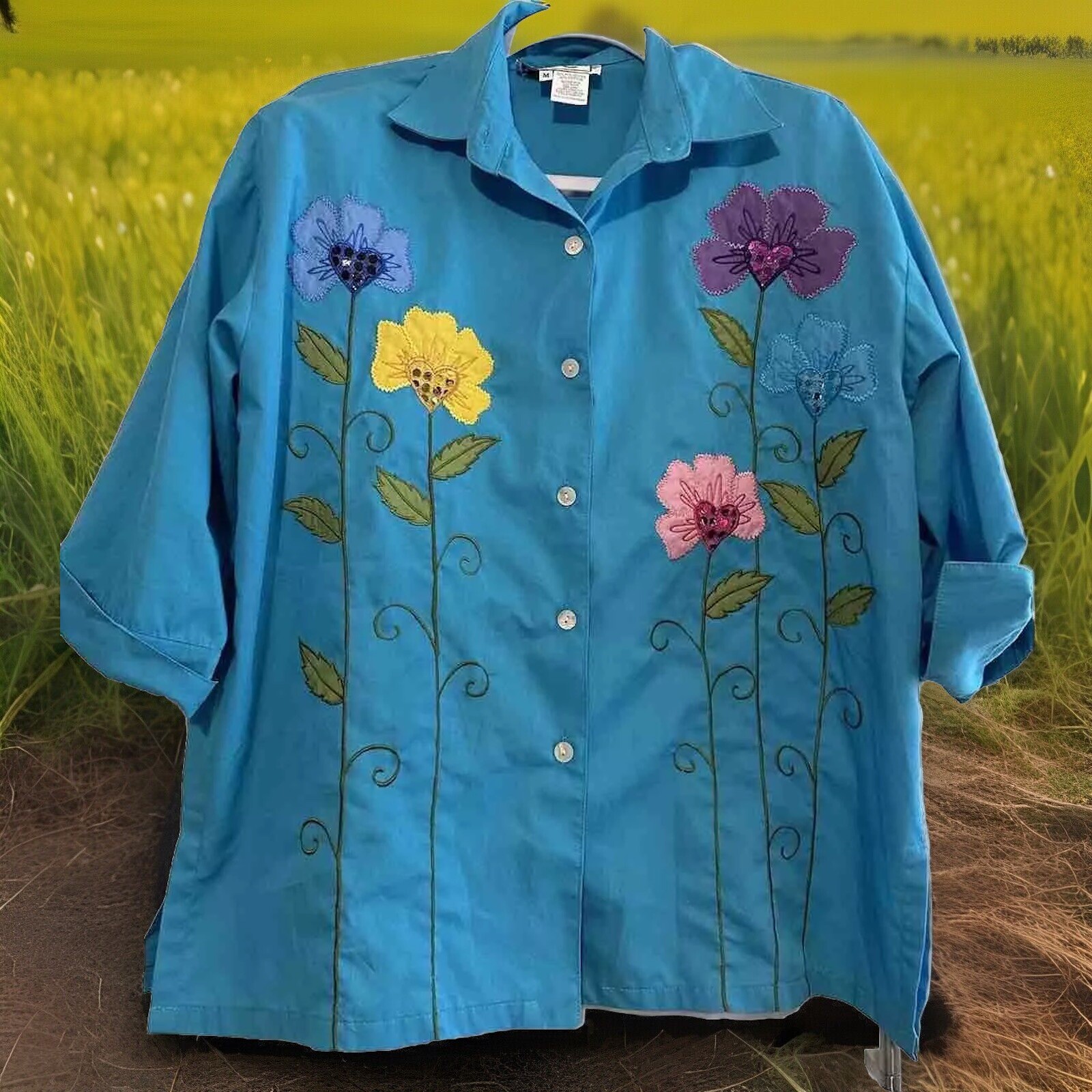 VTG Artsy CC Sportswear Blouse Button Up Womens M Embroidered Flowers Whimsical
