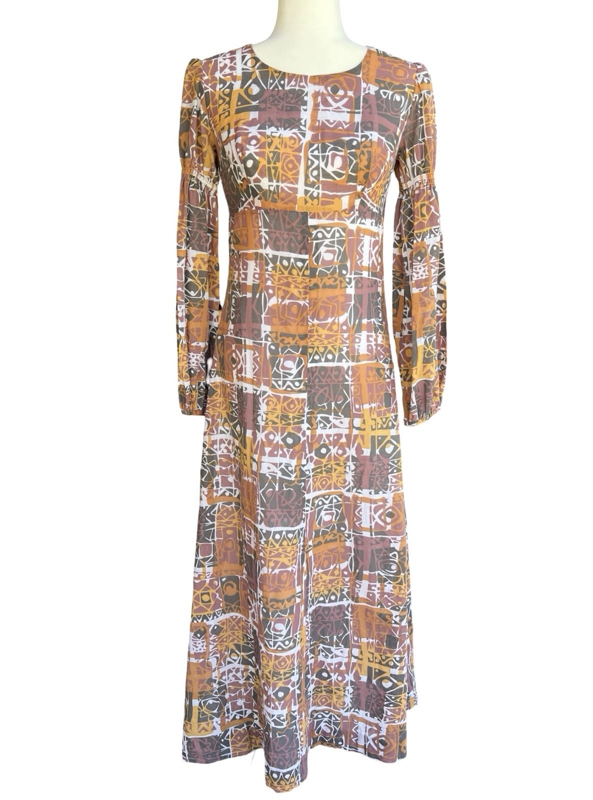 VTG 60-70s Handmade Mod Abstract Tiki Print Empire-Waist Maxi Dress Lined Retro