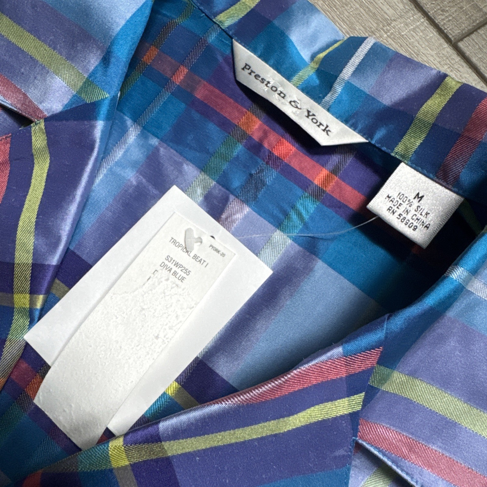 Vintage 90s Preston & York Silk 2pc Pajama Set Top Pants Plaid Womens M/ L Blue