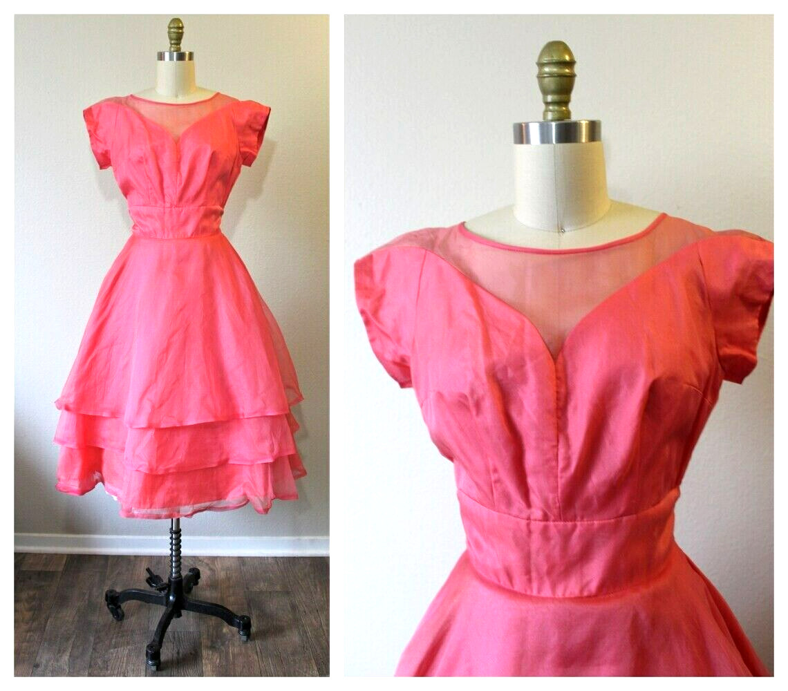 VTG 50s DEADSTOCK Kerrybrooke Atomic Pink Silk Organza Dress Party Event Barbie