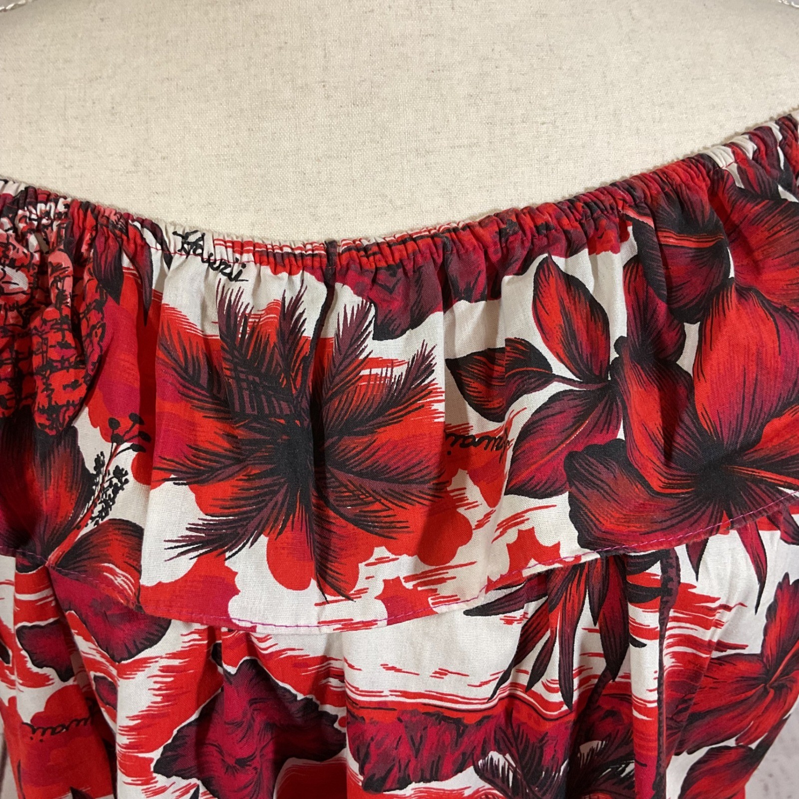 Vintage Made in Hawaii Red Tropical Hibiscus Floral Off Shoulder Muumuu Dress L