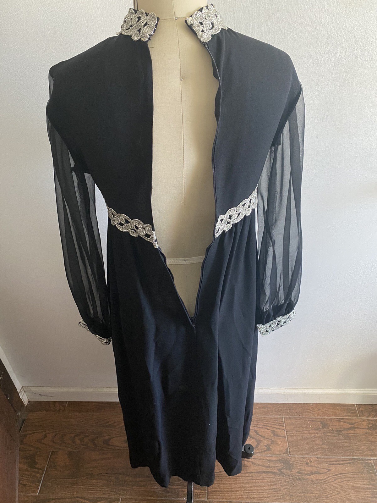 VTG Black Dress Silver Metallic Soutache Trim Sheer Sleeves Keyhole Neckline sz9