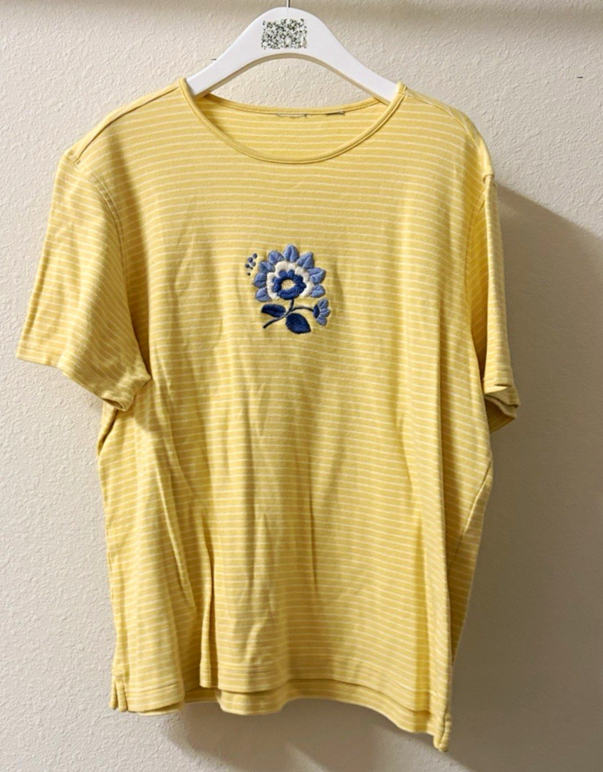 Vintage 90s Cottagecore Grannycore Yellow Stripe Blue Flower Shirt Women’s L