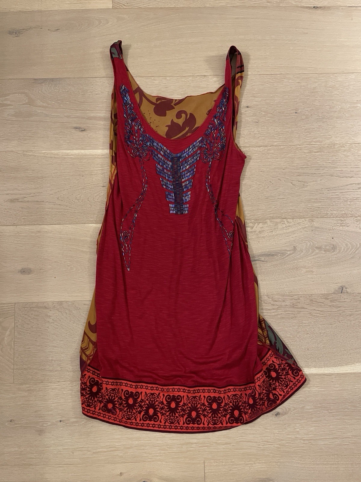 Vintage Beaded Dress Silk Blend Red Mixed Media Rare Deadstock Boho Beads, L