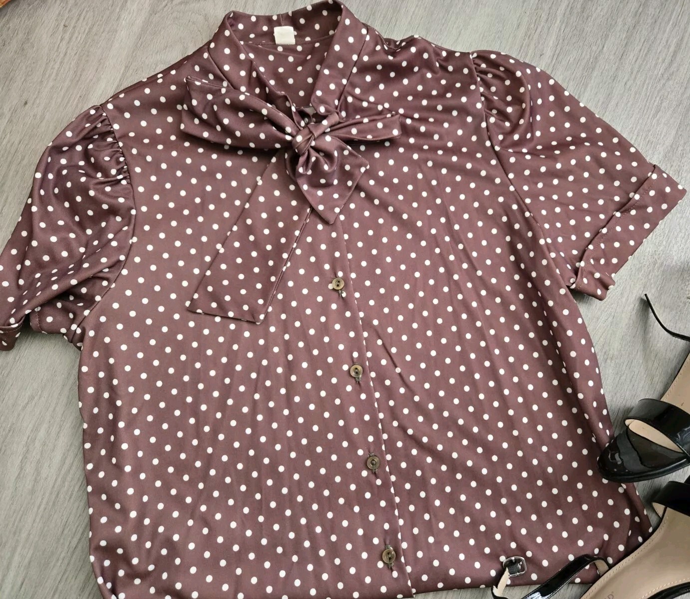 Womens Vintage 1970s Brown Polka Dot Blouse Sz M/L