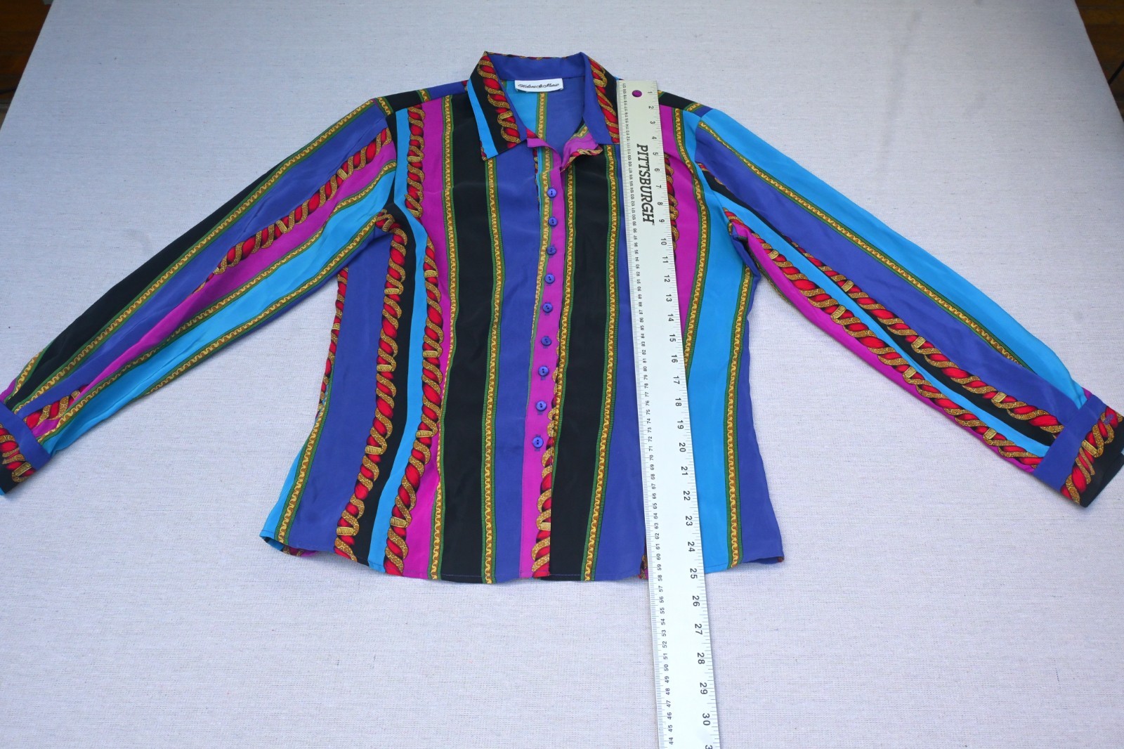 Helene St. Marie Vintage 90s Womens S Baroque Scarf Print Blouse Rope Chain Bold