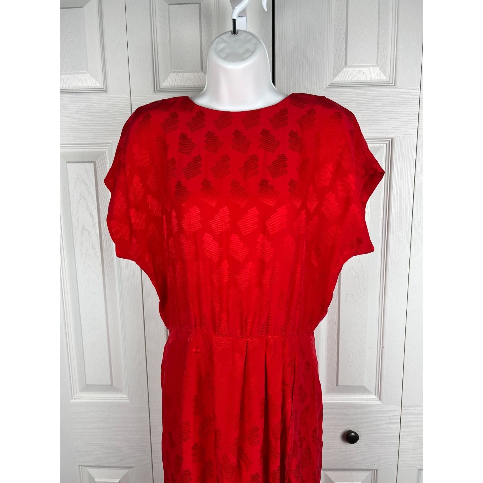 Vintage 80s Red Silk Blouson Dress Size 6 Textured Midi Faux Wrap