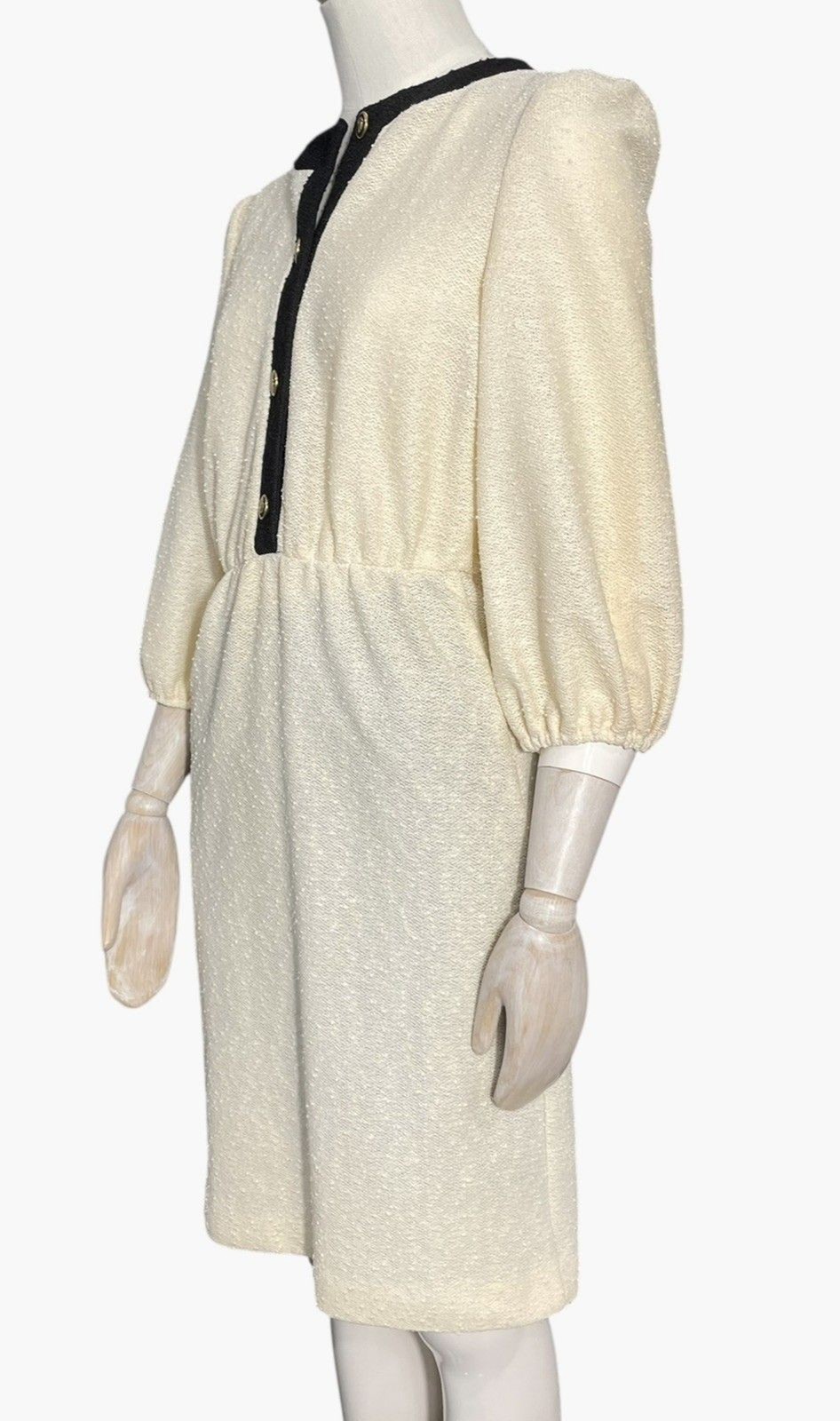 Vintage 80s Cream Textured Dress Black Trim Gold Buttons Midi Preppy Women 8