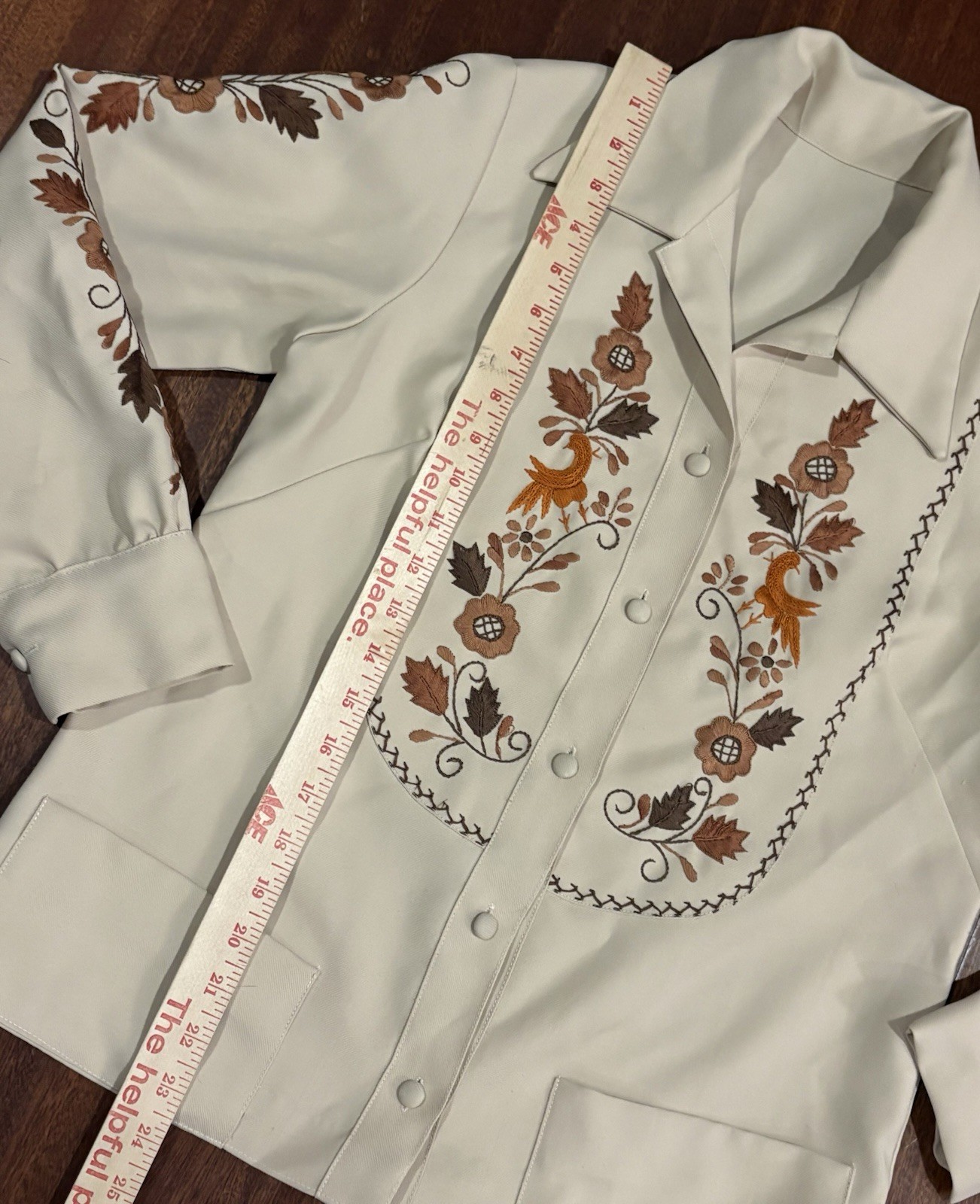 Vintage 60s 70s Embroidered Peasant Folk Shirt Top Bohemian Handmade Tan Button