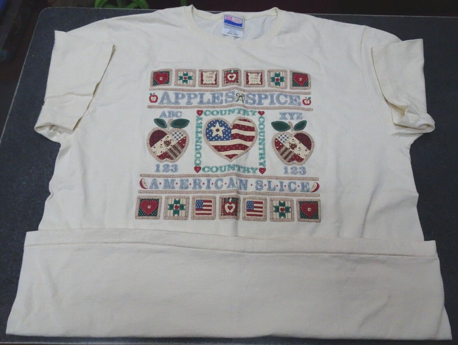 Vintage Hanes Her Way Ladies XL Embroidered Tan Cotton T shirt USA Theme Used
