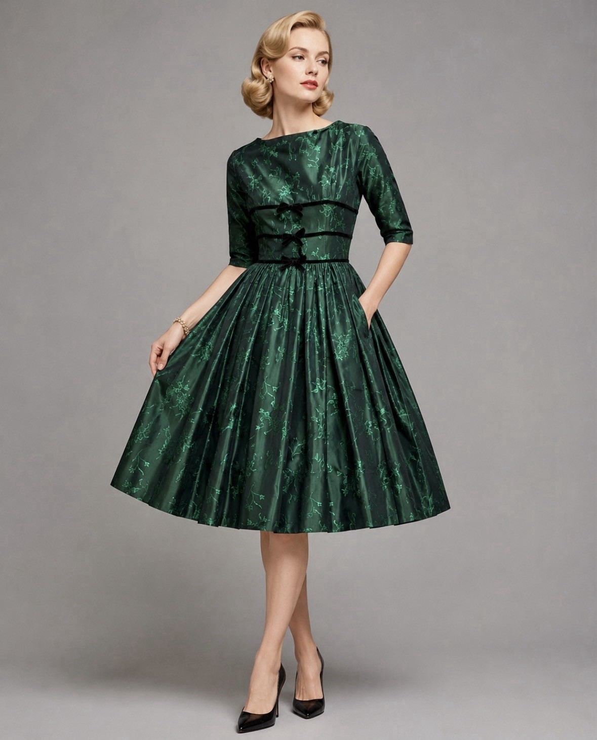 Vintage 50s/1950s Womens S Dark Green Taffeta Fit n Flare Cocktail Party Dress