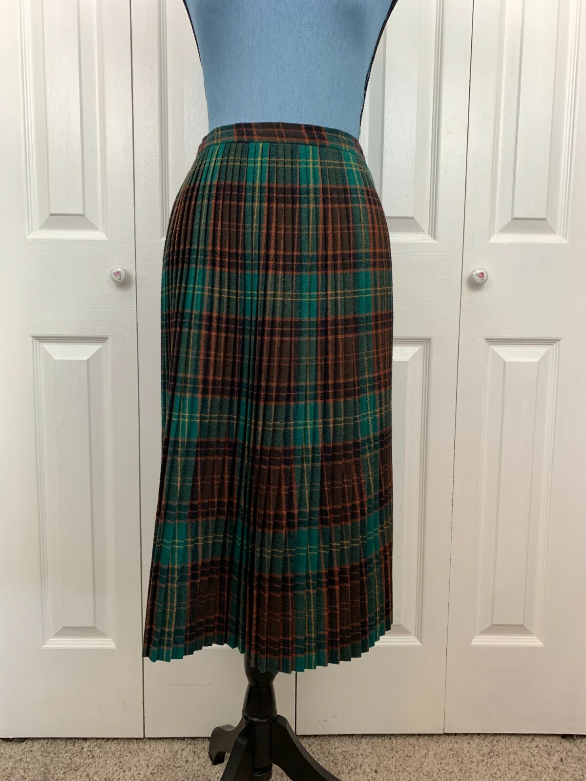 Vintage Adam & Yve Plaid Wool A Line Midi Accordion Pleats Retro Skirt 25″