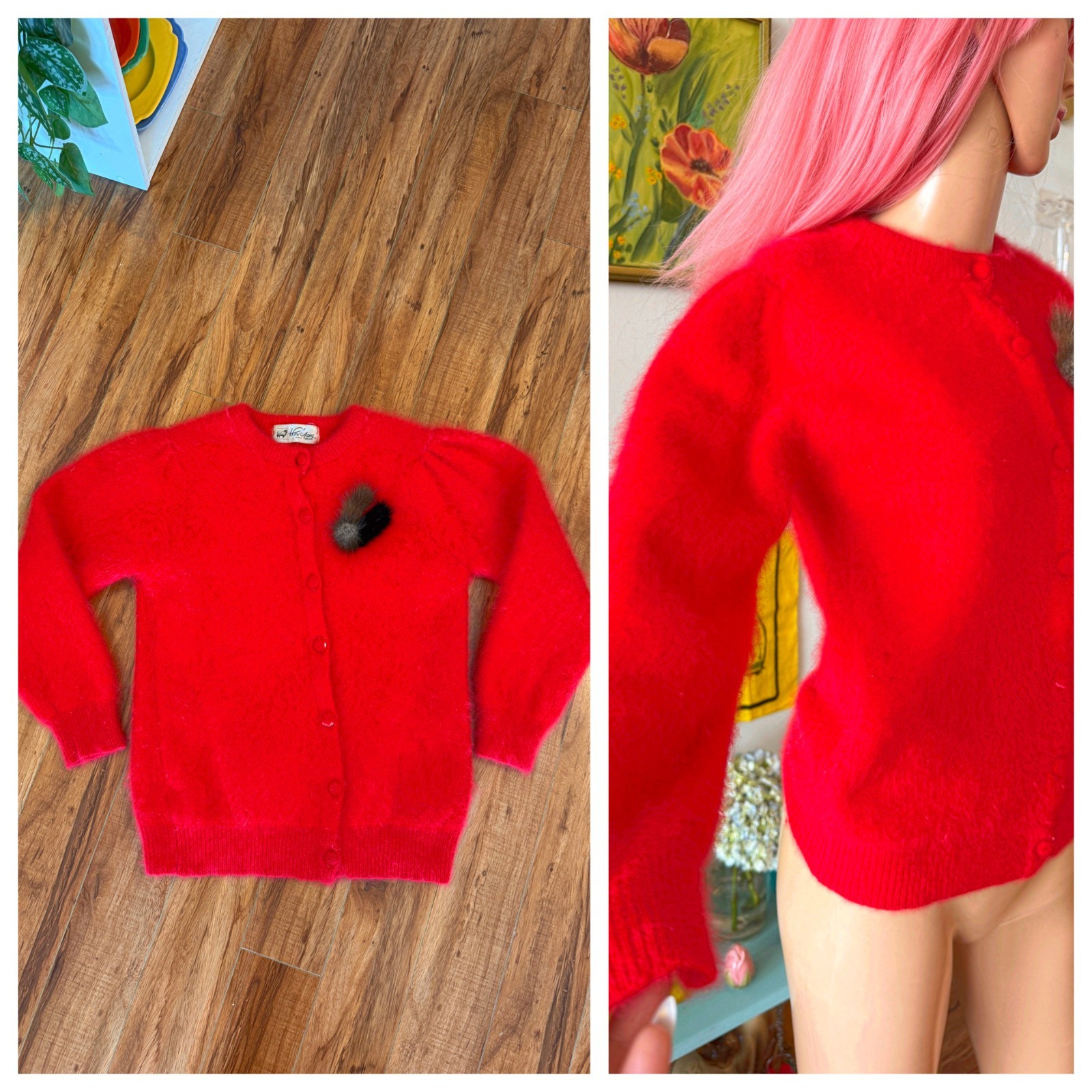 ❤️ Vtg Cherry Lipstick Red Fuzzy Mohair Angora Pinup Mink Pin Cardigan Sweater M