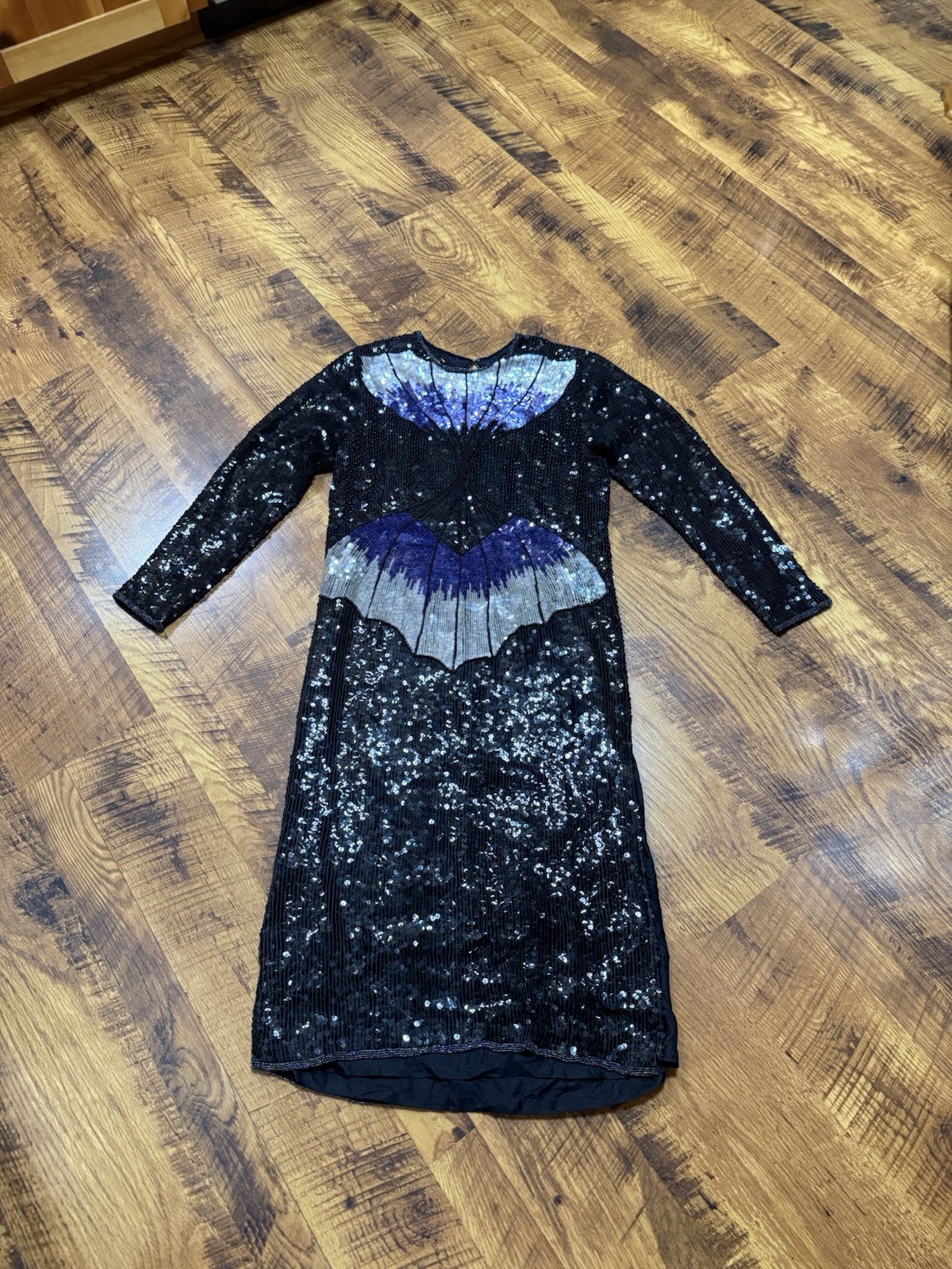 Vintage 1980s HEAVILY Beaded Black Silk Cut Out Butterfly Party Dress Sequins M