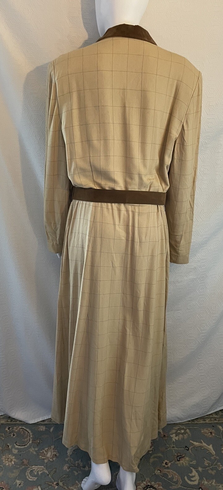 Vtg 80s Robert Riel Collection Coat Dress M-L? Beige Windowpane Faux Suede Trim