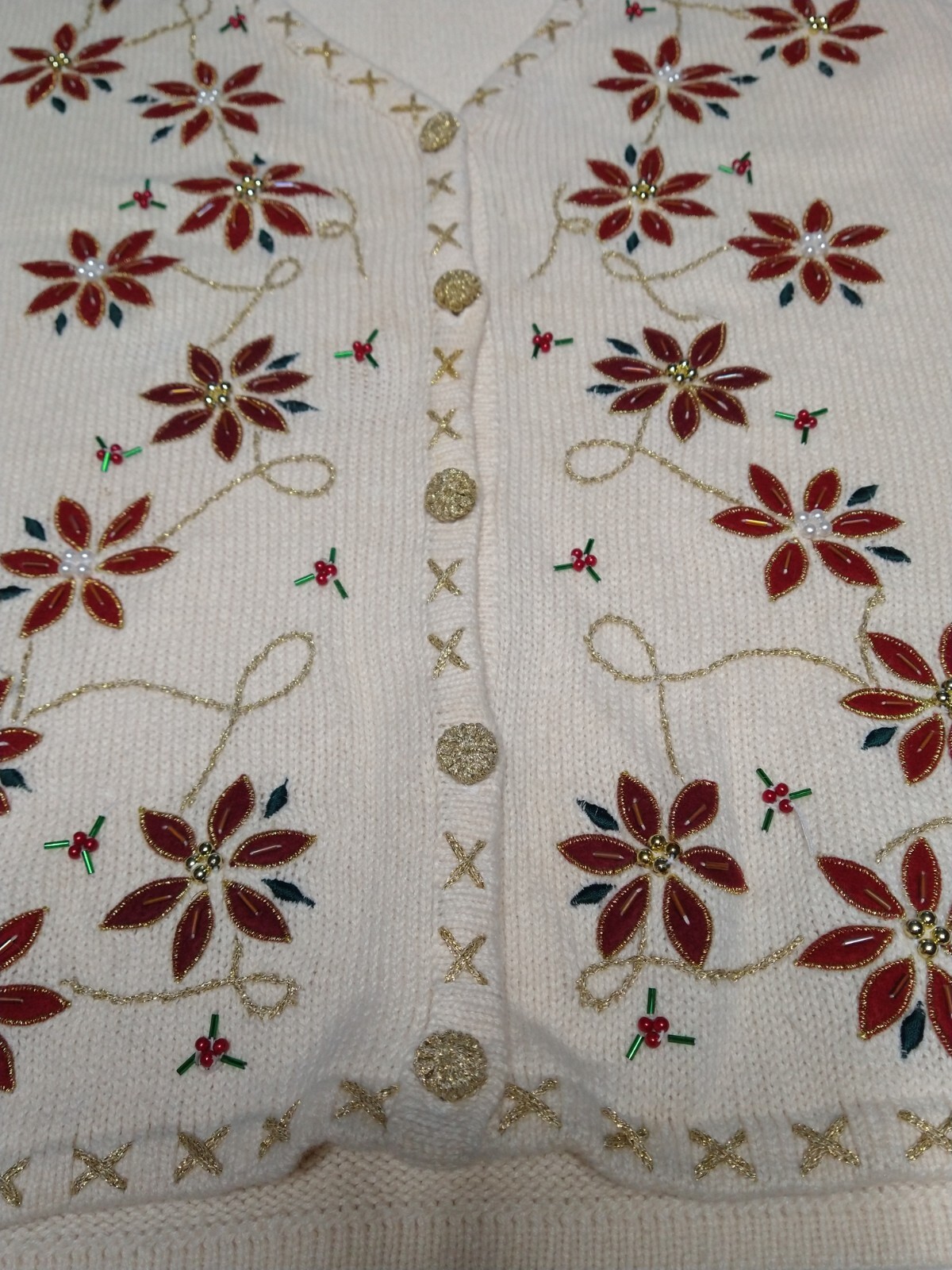 Vtg 90s Bobbie Brooks Poinsettia Holiday Christmas Beaded Metallic Sweater Vest